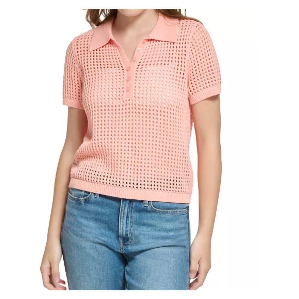 Calvin Klein Orange Coral Open Stitch Cap Sleeve Polo Shirt Women XS NEW Preppy